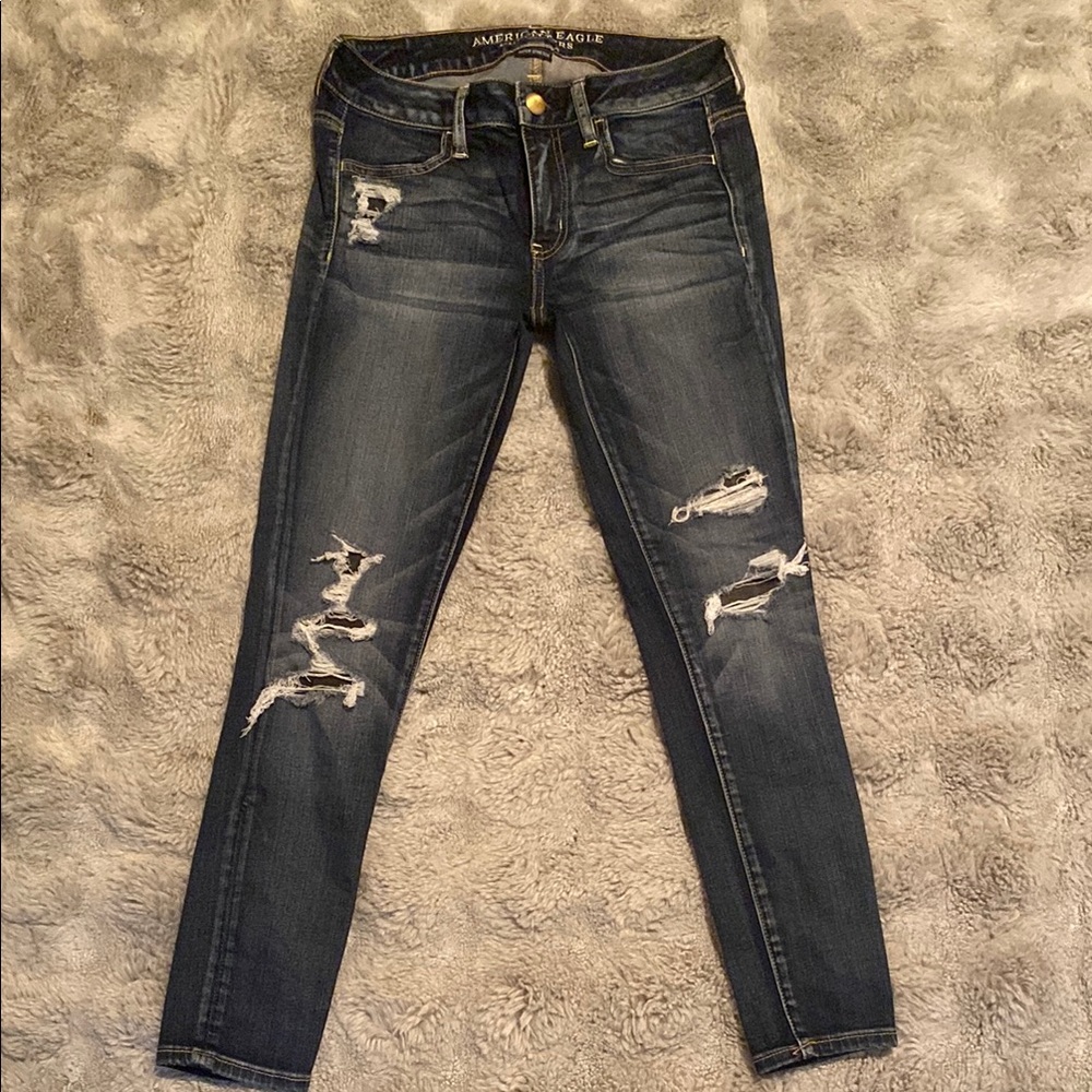 American Eagle Outfitters Skinny Blue Jeans with Distressed Design low rise